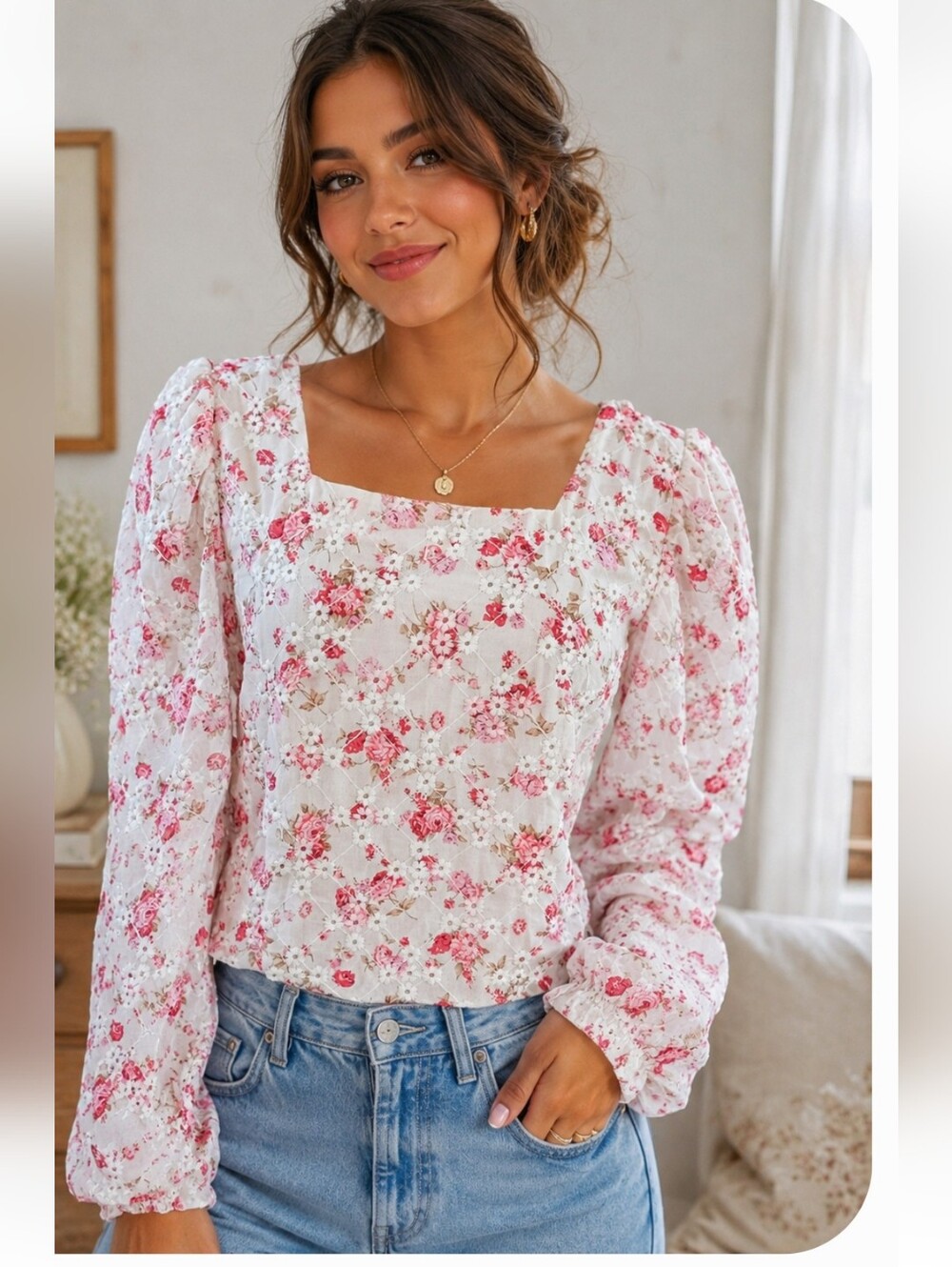 Fashion & Best Floral Embroidered Puff Sleeve Cottagecore Blouse